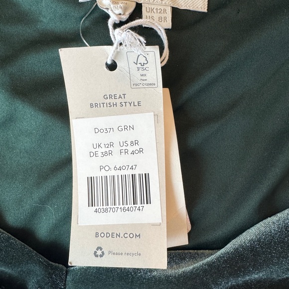 NWT Boden Green Velvet Sweetheart Neck Midi Dress holiday elegant women’s - Picture 7 of 9